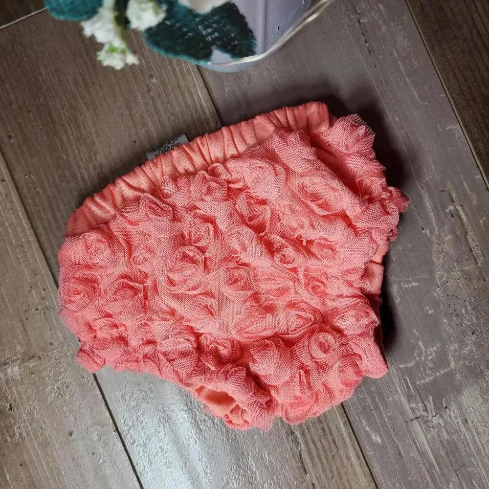 Boutique Coral Pink Floral Mesh Ruffle Bloomers Size 0/3M Baby Girl NWOT